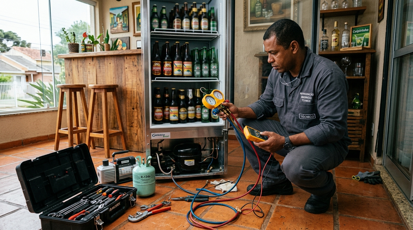 Técnico realizando manutenção de motor de cervejeira em Joinville‑SC