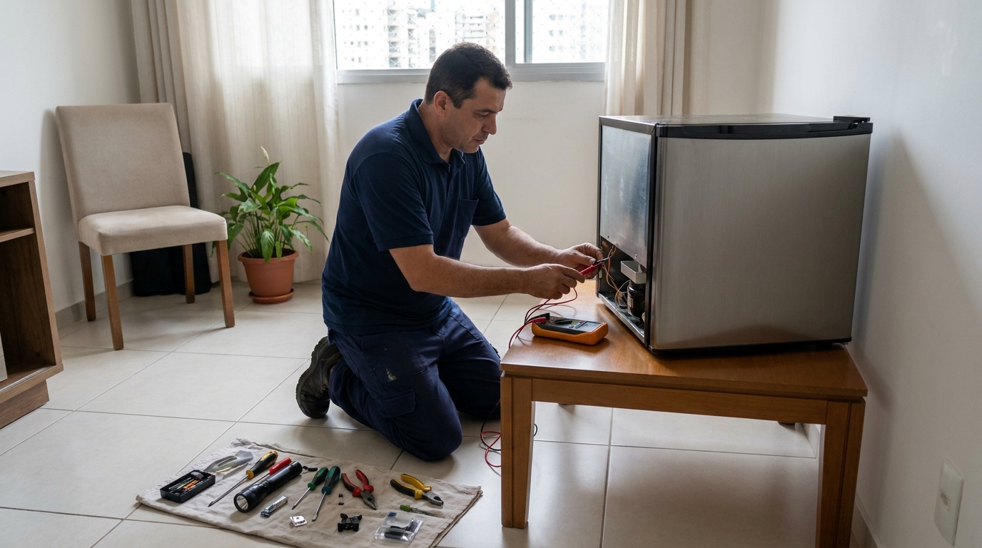 Técnico realizando manutenção de motor de frigobar em Joinville‑SC