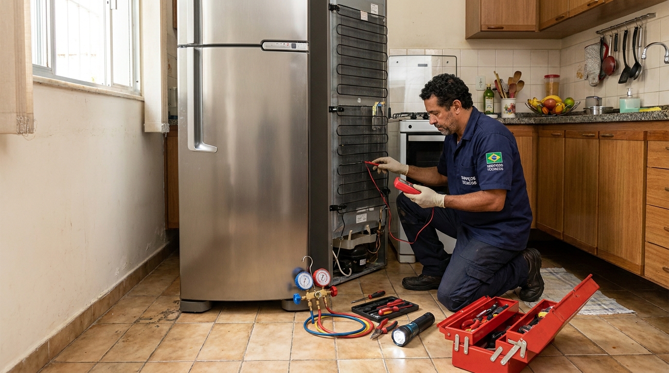 Técnico realizando manutenção de motor de geladeira em Joinville‑SC
