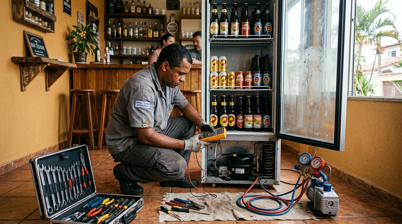 Troca de termostato de cervejeira em atendimento técnico em Joinville‑SC